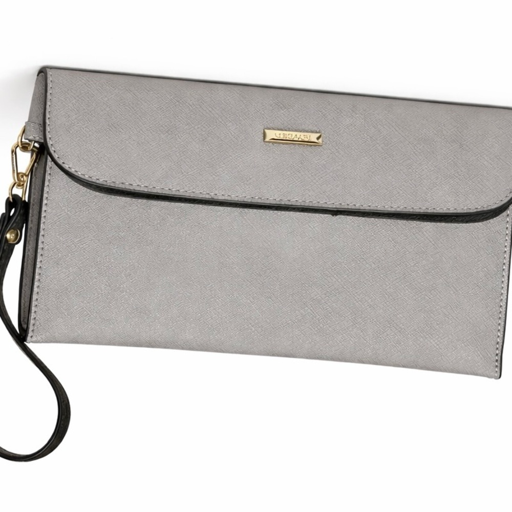 Neutral Gray Wristlet Clutch with Gold Accent - Designer-Inspired